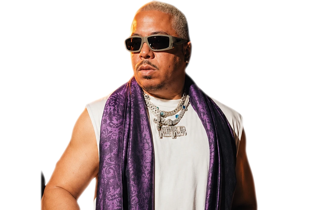 PURPLE at the decks in a white tank and purple scarf
