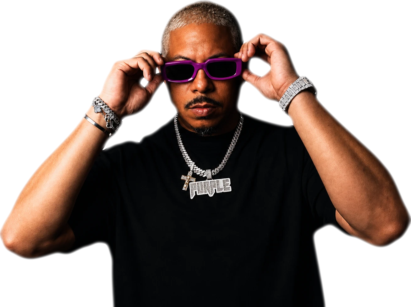 PURPLE with both hands on his sunglasses