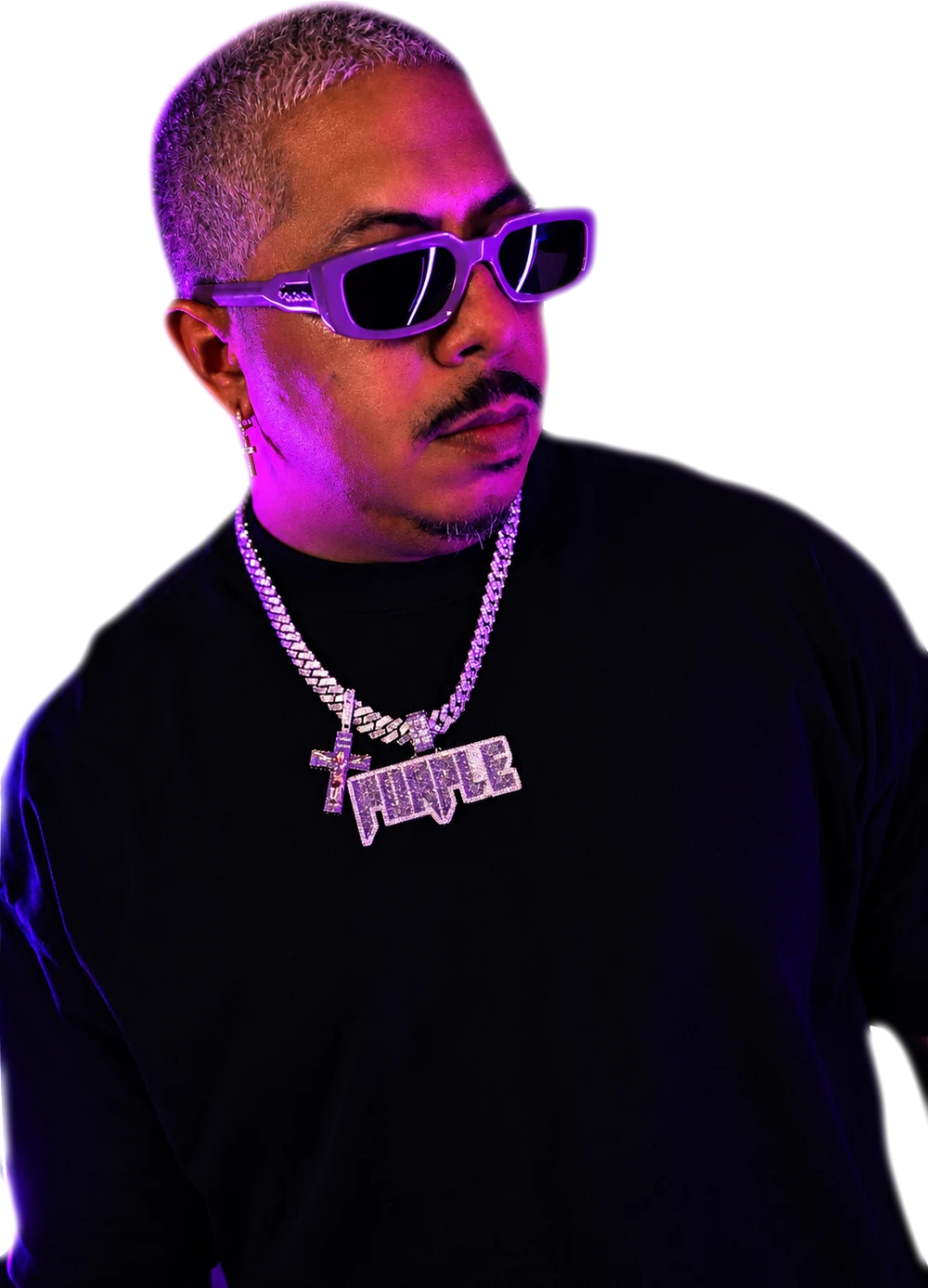 PURPLE in sunglasses and a chain, looking off to the side