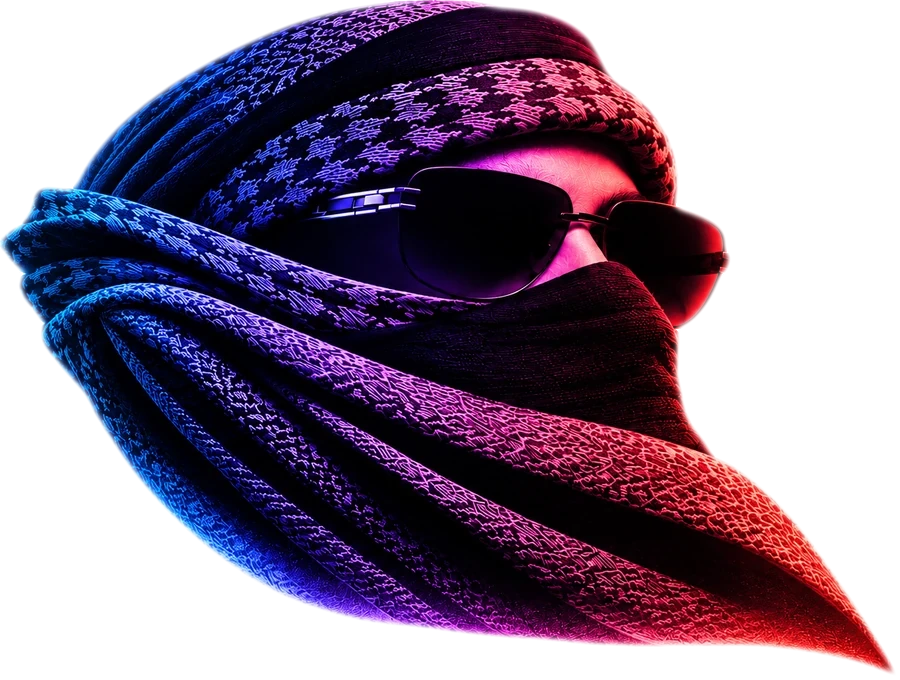 YALLA HABEBE in a keffiyeh mask and sunglasses