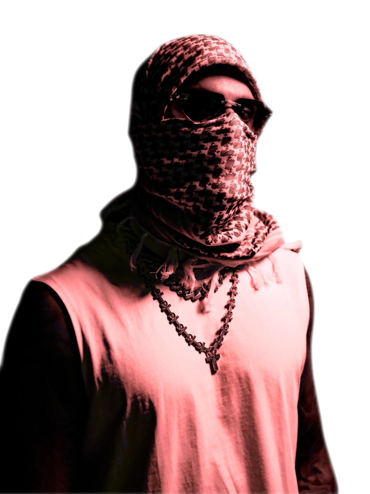 YALLA HABEBE in a keffiyeh mask and sunglasses, red-toned studio portrait