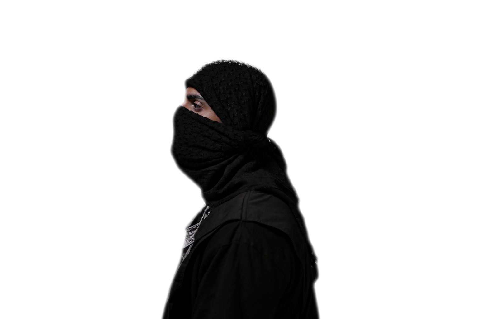 YALLA HABEBE in profile, black scarf mask